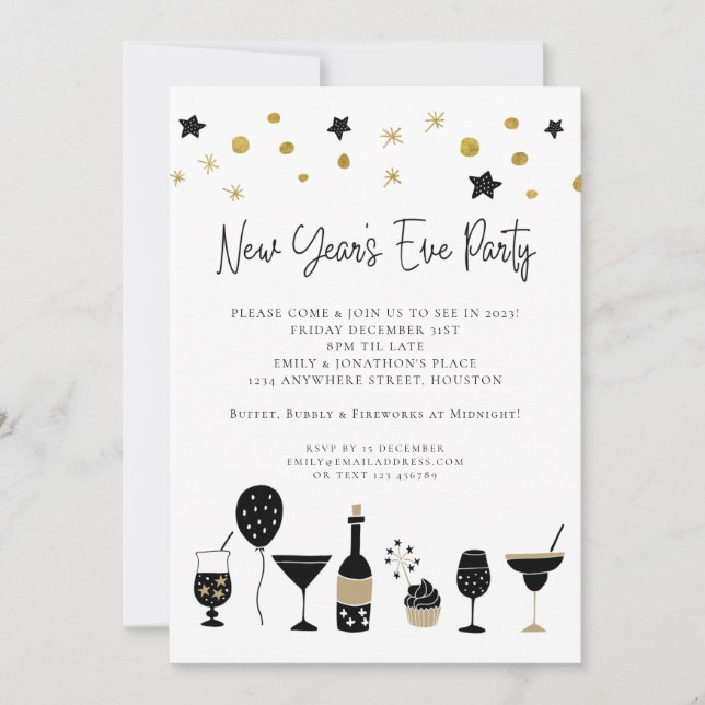 Artsy Black Gold New Years Eve Party Invitation (Front)