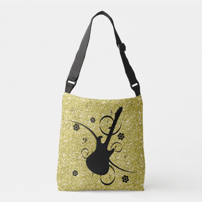 Artsy Black Guitar & Flowers Gold Faux Glitter Crossbody Bag (Front)