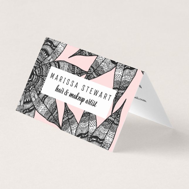 Artsy Black White Pink Hand Drawn Flower Drawing Business Card (Front)