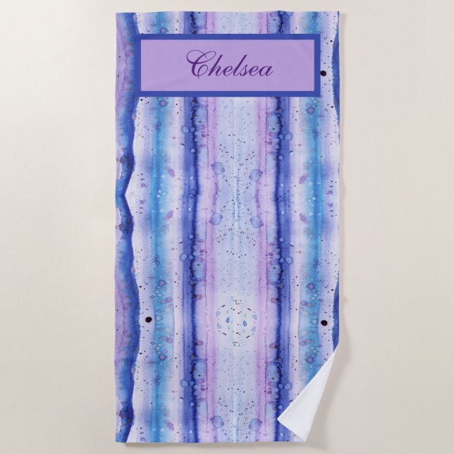 Artsy Blue Lavender and White Watercolor Streaks Beach Towel (Front)