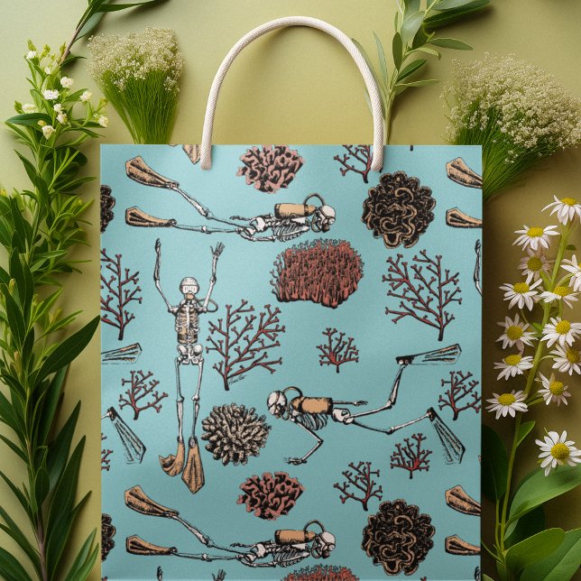 Artsy Blue Swimming Scuba Diver Coral Drawing Medium Gift Bag (This very original black ink drawing has intricate detailing and will definitely suit any adventurer)