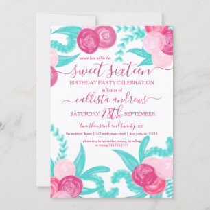 Artsy Bright Neon Pink Teal Flowers Sweet 16 Invitation