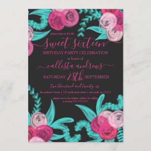 Artsy Bright Neon Pink Teal Flowers Sweet 16 Invitation