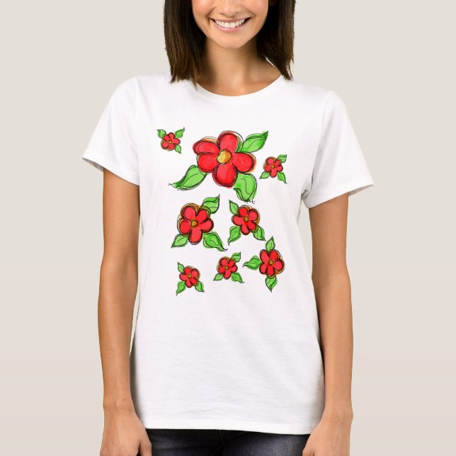 Artsy Bright Red Flowered T-Shirt (Front)