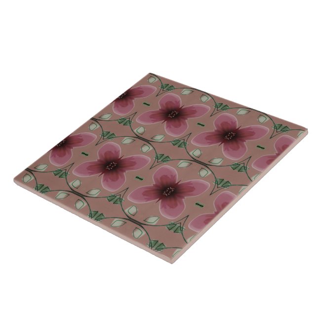 Artsy Burgundy Floral Pattern Ceramic Tile (Side)