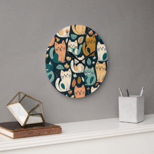 Artsy Cat Pattern Cute Large Clock