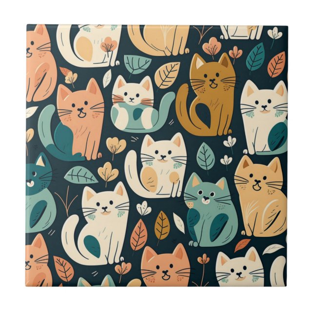 Artsy Cat Pattern Cute Tile (Front)