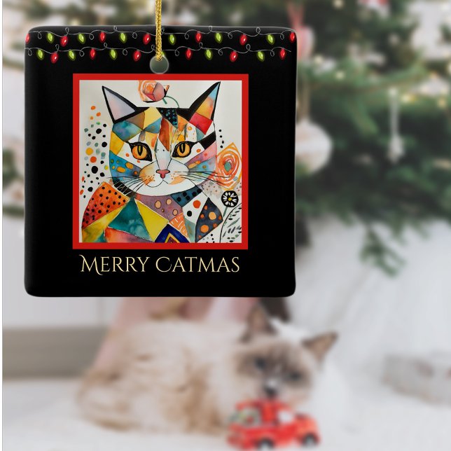 Artsy Cat with Christmas Lights Merry Catmas Black Ceramic Ornament (Creator Uploaded)