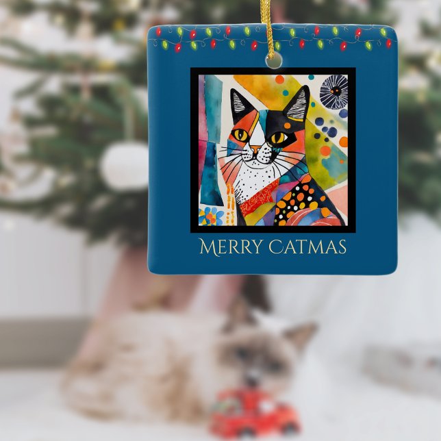 Artsy Cat with Christmas Lights Merry Catmas Blue Ceramic Ornament (Creator Uploaded)