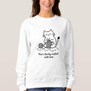 Artsy Cat with Yarn Knitting Simple Black White Sweatshirt