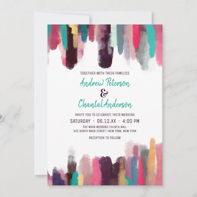 Artsy Chic Abstract Colourful Paint Smudge Wedding Invitation (Front)