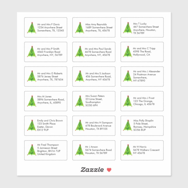 Artsy Christmas Tree 18 Individual Name Addresses (Sheet)