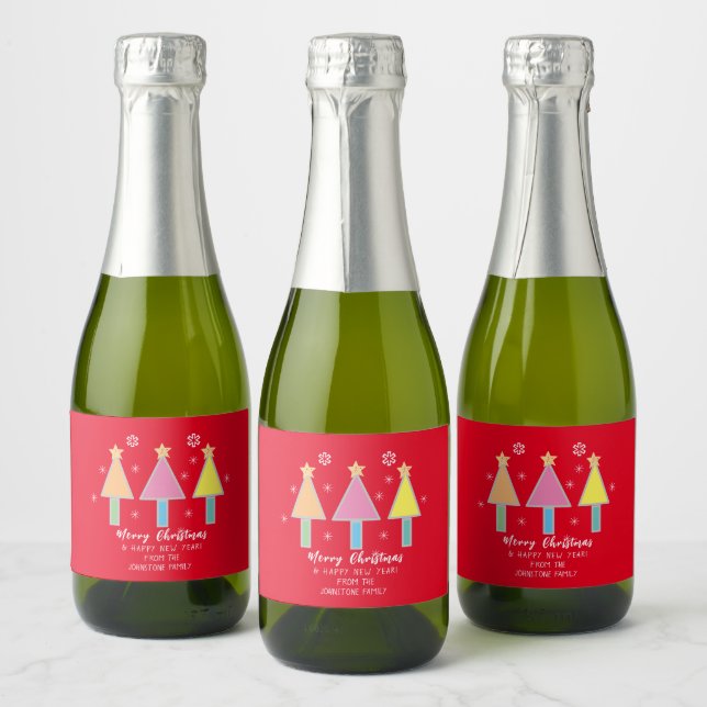 Artsy Christmas Trees Rustic Mini Red Christmas Sparkling Wine Label (Bottles)