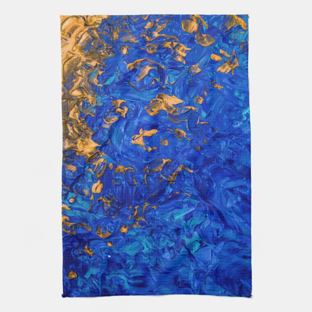 Artsy Cobalt Blue Golden Yellow Acrylic Painting Tea Towel (Vertical)