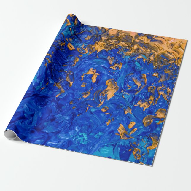 Artsy Cobalt Blue Golden Yellow Acrylic Painting Wrapping Paper (Unrolled)