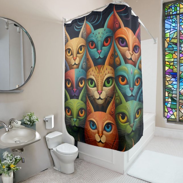 Artsy Colourful Cat Family 2 Selfie moode Shower Curtain (Creator Uploaded)