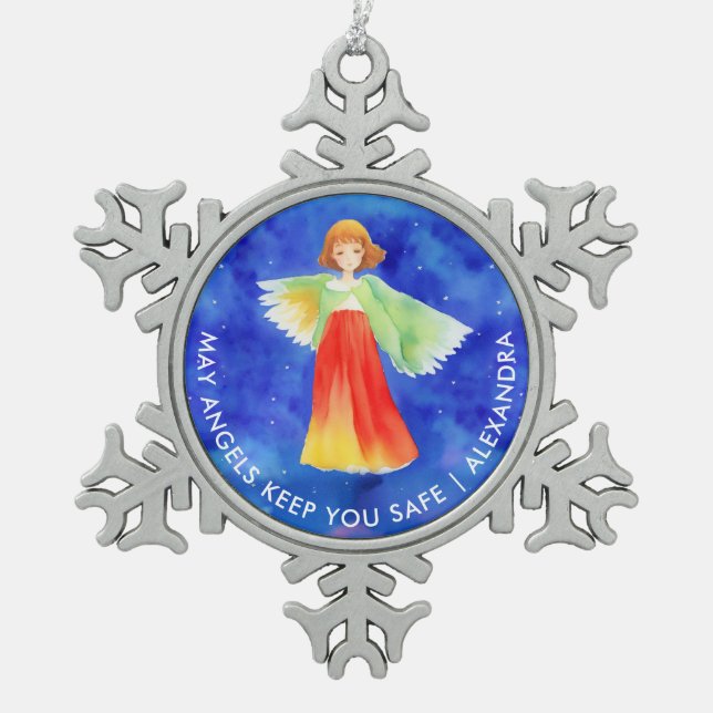 Artsy Colourful Guardian Angel Blessings Watercolo Snowflake Pewter Christmas Ornament (Front)