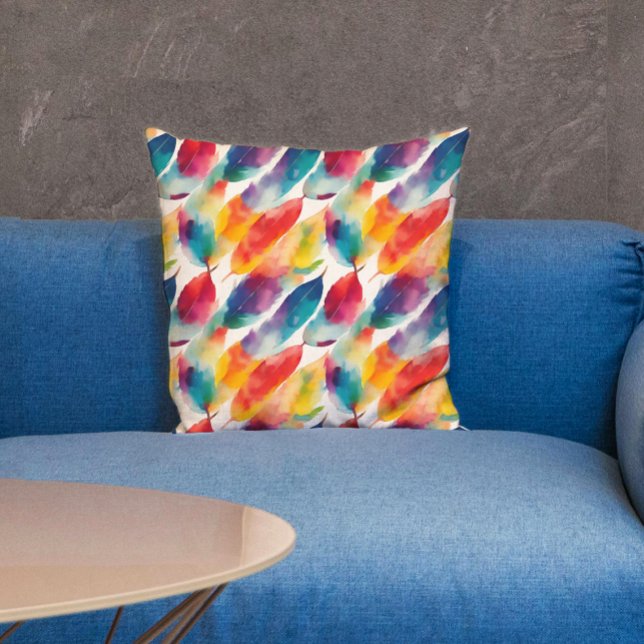 Artsy Colourful Rainbow Feather Watercolor Pattern Cushion (Creator Uploaded)