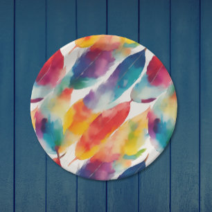 Artsy Colourful Rainbow Indian Feather Watercolor  Paper Plate