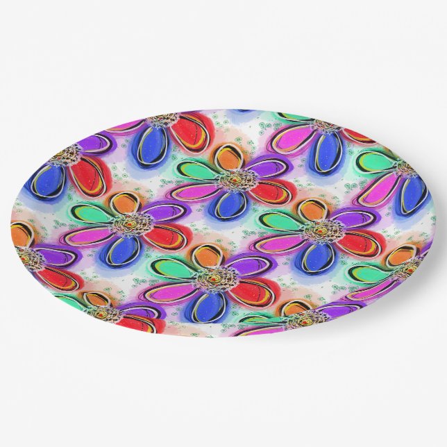 Artsy Colourful Watercolor Flowers Paper Plate (Angled)