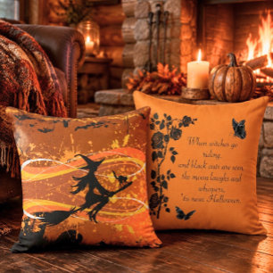 Artsy, Cool Flying Witch Silhouette Halloween Cushion