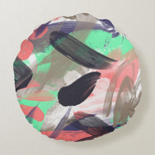 Artsy coral black teal watercolor brushstrokes rou round cushion