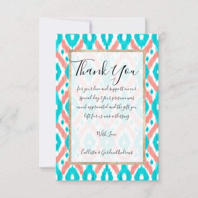 Artsy Coral Teal Abstract Ikat Geometric Pattern Thank You Card (Front)