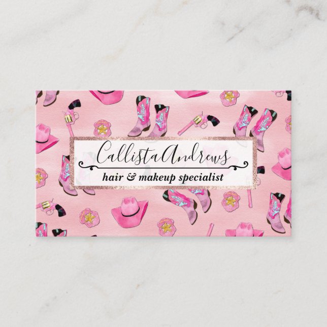 Artsy Cute Girly Pink Teal Cowgirl Watercolor Business Card (Front)