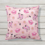 Artsy Cute Girly Pink Teal Cowgirl Watercolor Cushion<br><div class="desc">Be a country cowgirl with this fun and playful design! It features a hand-drawn and hand-painted neon pink, bubblegum pink, mint green, and black watercolor cowgirl illustration pattern. These elements include cowboy hats cowgirl boots, revolver, and sheriff's badge on top of a pretty pink watercolor background. It's cool, unique, and...</div>