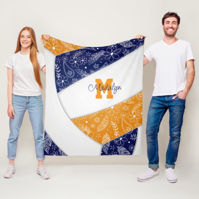 artsy doodle navy blue orange boho volleyball fleece blanket (In Situ)