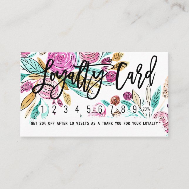 Artsy Elegant Pink Teal Floral Watercolor Loyalty Card (Front)