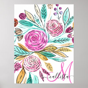 Artsy Elegant Pink Teal Floral Watercolor Monogram Poster
