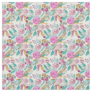 Artsy Elegant Pink Teal Floral Watercolor Pattern Fabric