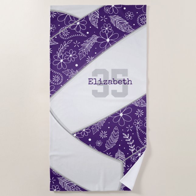 artsy feather doodles purple boho volleyball beach towel (Front)