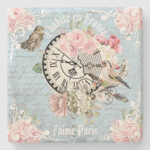 Artsy French style vintage Ephemera botanical blue Stone Coaster