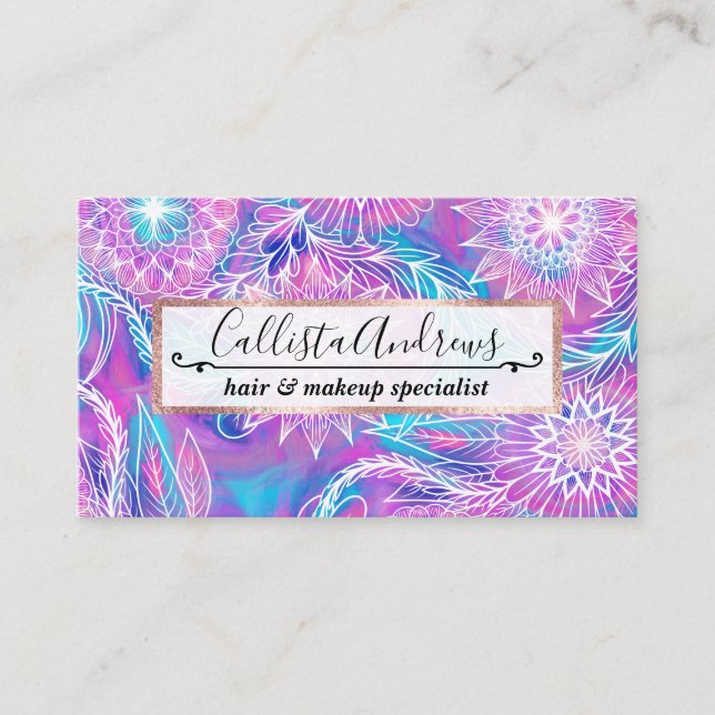 Artsy Girly Purple Aqua Floral Drawn Illustration Business Card (Front)