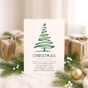 Artsy Green Glitter Tree Christmas Open House Invitation