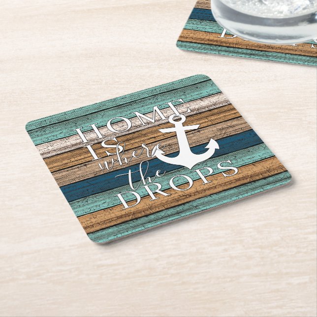 Artsy Home is Where the Anchor Drops Word Art Square Paper Coaster (Angled)