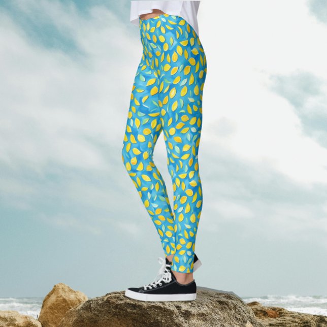 Artsy Lemon Slices On Turquoise Watercolor Pattern Leggings (Creator Uploaded)
