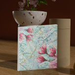 Artsy Magnolia Flowers On Vintage Crumpled Paper  Tile<br><div class="desc">Beautiful floral decorative tile design featuring pink magnolia flowers and paint splatters on a old crumpled light blue damask patterned paper background.</div>