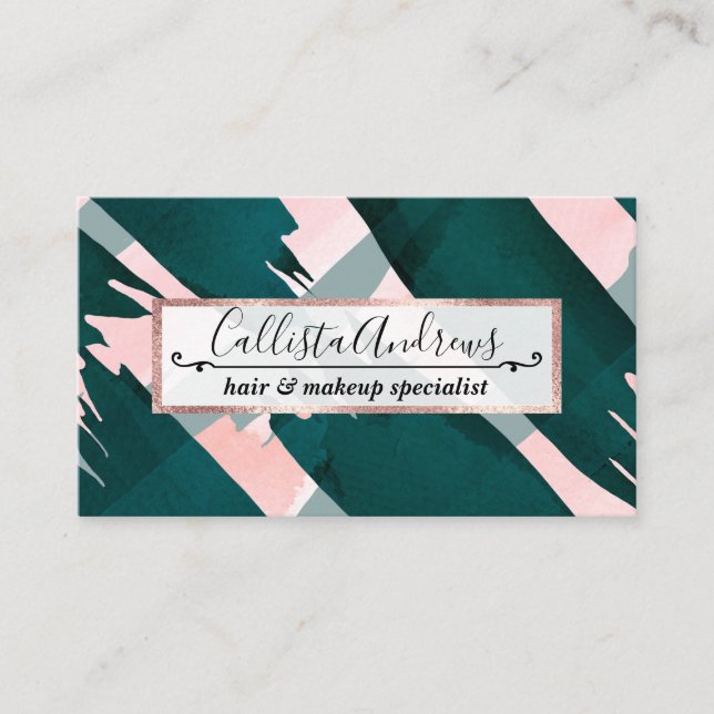 Artsy Modern Emerald Green Pink Brushstrokes Business Card (Front)