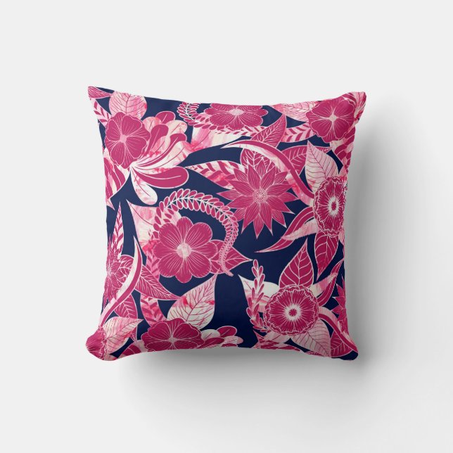 Artsy Modern Fuschia Navy Acrylic Floral Leaves Cushion (Front)