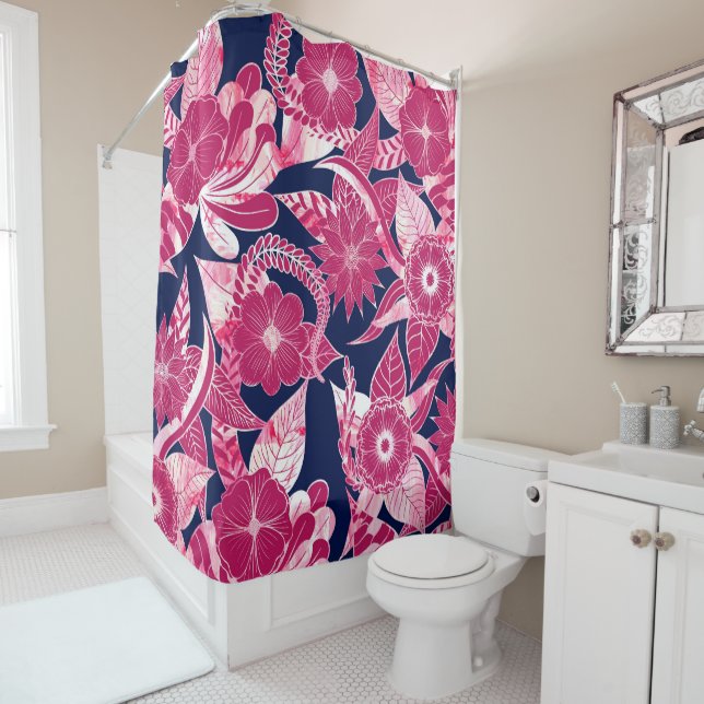 Artsy Modern Fuschia Navy Acrylic Floral Leaves Shower Curtain (In Situ)