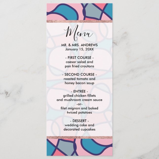 Artsy Modern Girly Coral Blue Abstract Geometric Menu (Front)