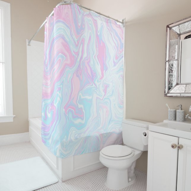 Artsy Modern Pink Blue Marble Swirl Pattern Shower Curtain (In Situ)