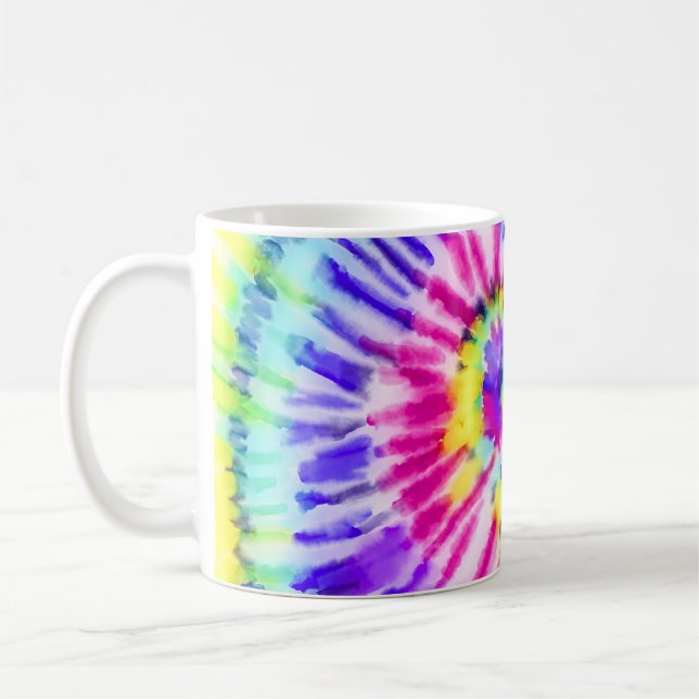Artsy Neon Rainbow Tie Dye Watercolor Pattern Coffee Mug (Left)