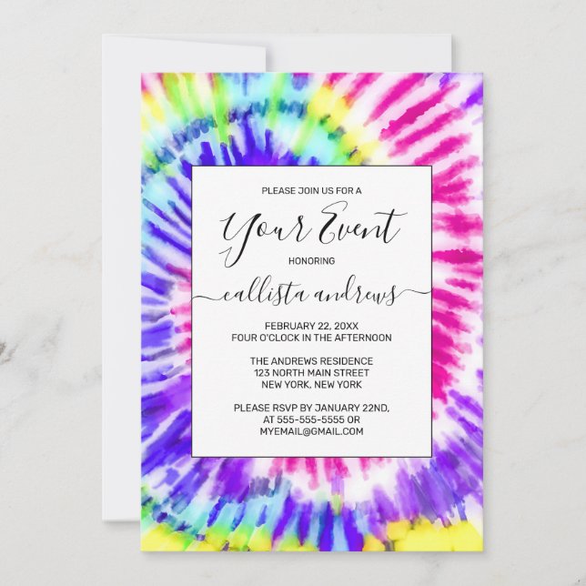 Artsy Neon Rainbow Tie Dye Watercolor Pattern Invitation (Front)