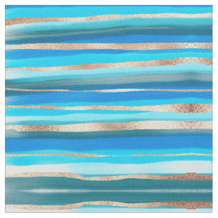 Artsy Ocean Aqua Blue Gold Abstract Paint Stripes Fabric
