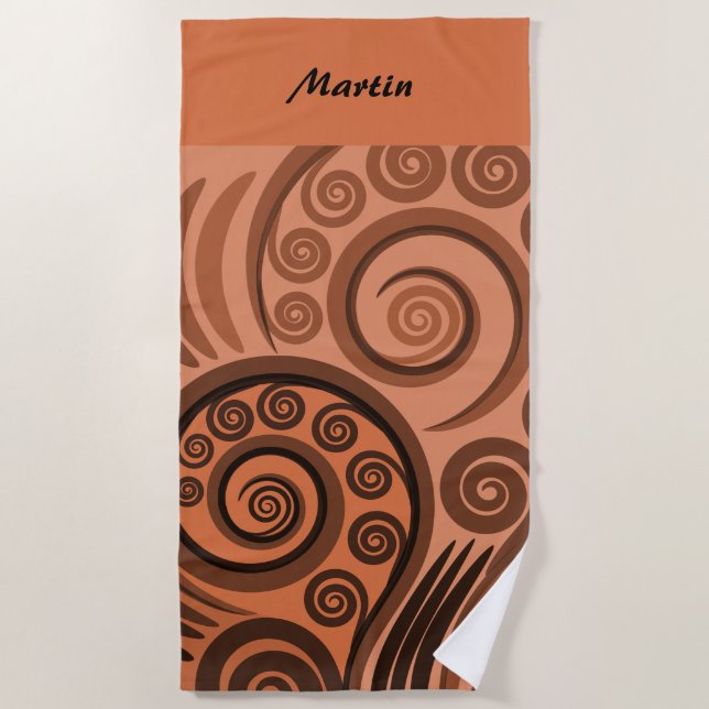 Artsy Orange-Brown Koru Fern Frond Pattern Beach Towel (Front)