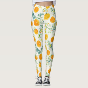 Artsy Orange Citrus And Leaves Watercolor Pattern Leggings